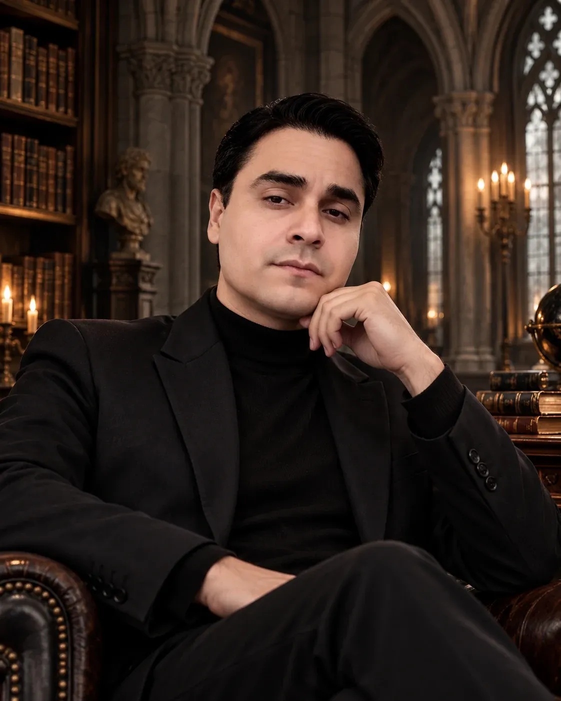 Carlos Martínez seated in a candlelit gothic library